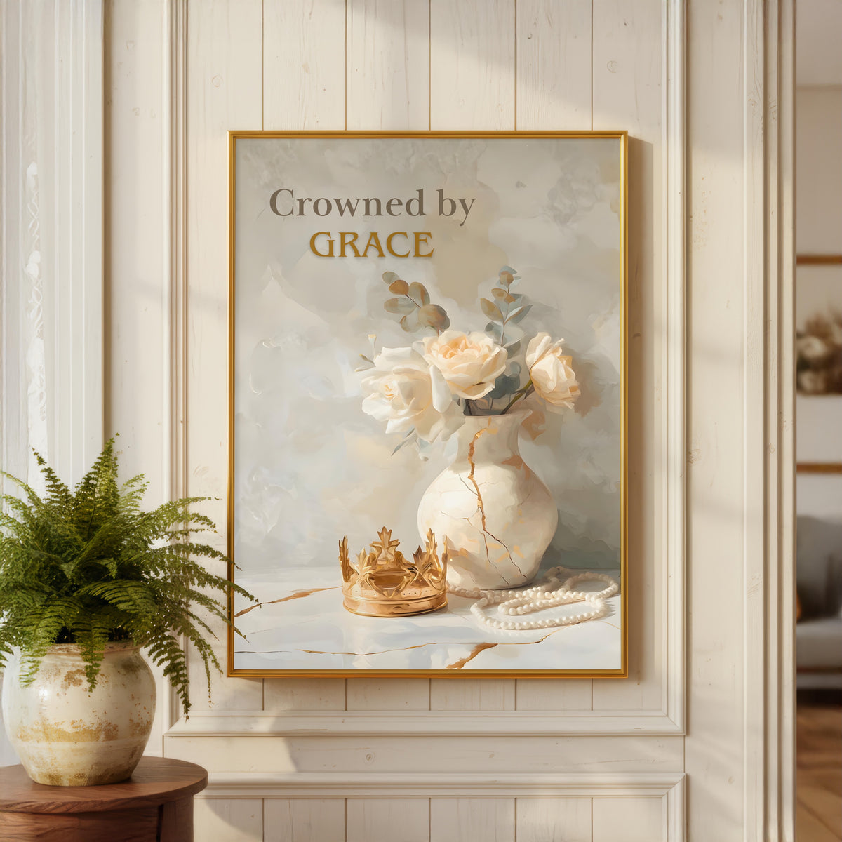 Crowned by Grace Wall Art | Christian Affirmation Print | Gold Crown & Floral Vase Decor