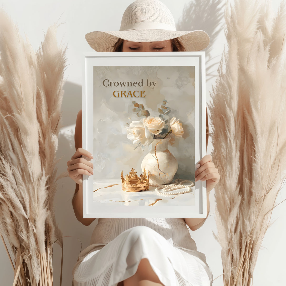 Crowned by Grace Wall Art | Christian Affirmation Print | Gold Crown & Floral Vase Decor