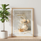 Crowned by Grace Wall Art | Christian Affirmation Print | Gold Crown & Floral Vase Decor