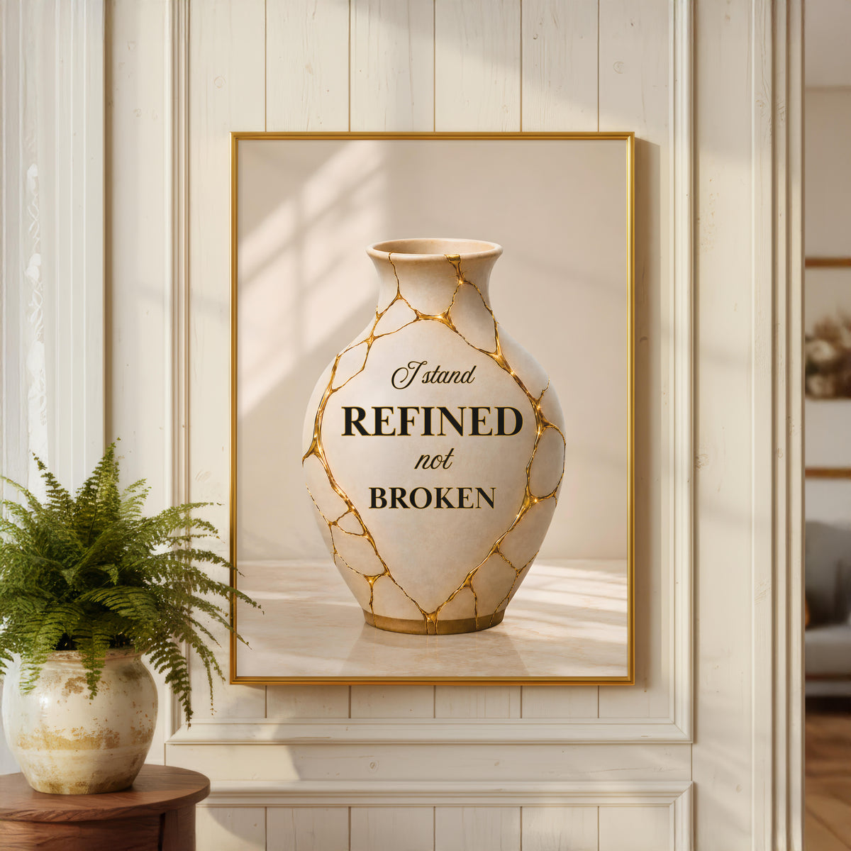 I Stand Refined, Not Broken Wall Art | Christian Affirmation Print | Kintsugi Vase