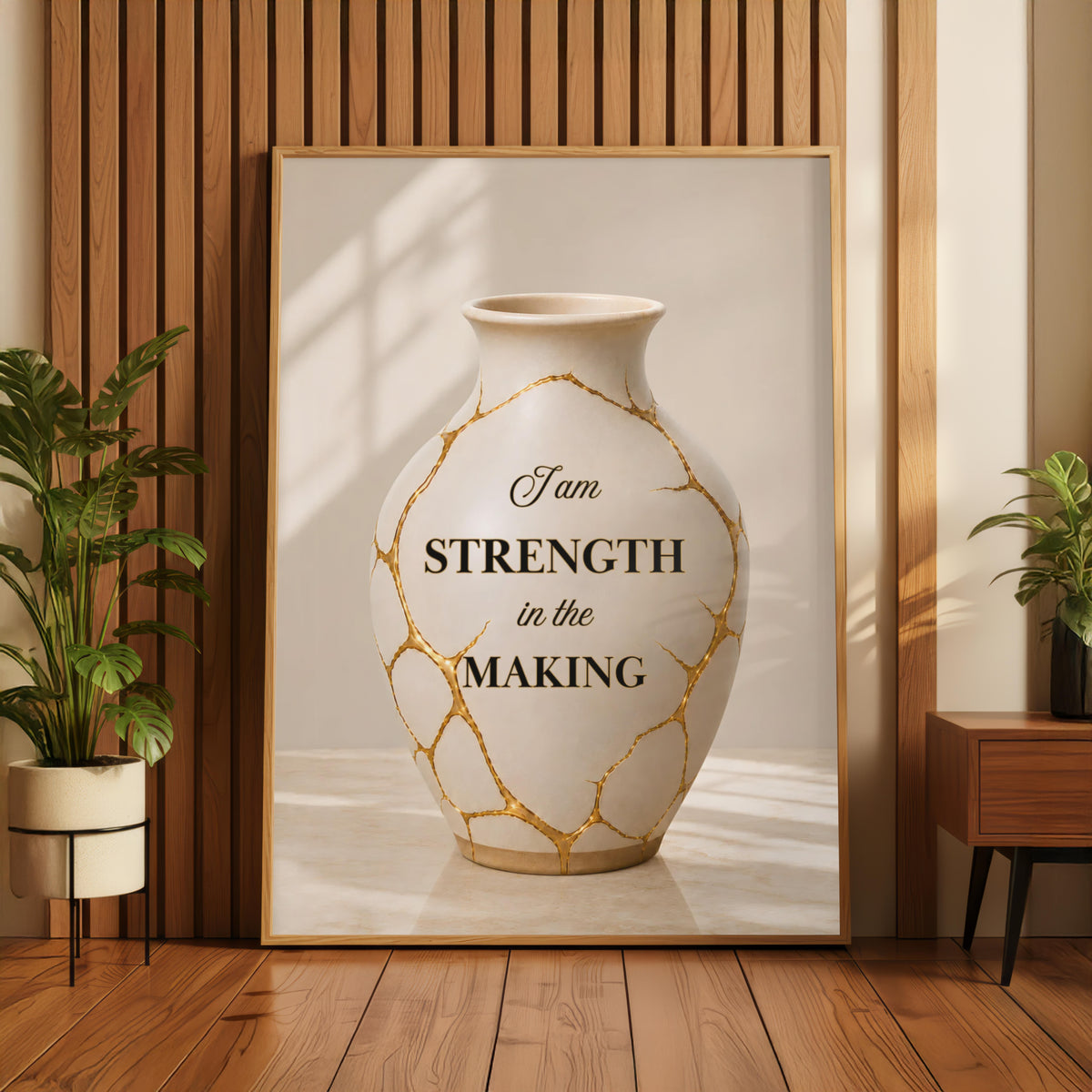 I Am Strength in the Making Wall Art | Christian Affirmation Print | Kintsugi Vase